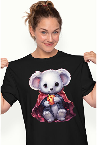 StoryGift Romania Tricou Femei cu un ursulet Koala care tine un dovleac decorat, ilustratie, costu BLK_L