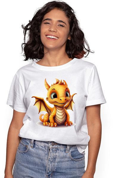 StoryGift Romania Tricou Femei cu un pui de dragon portocaliu, ilustratie, anul dragonului, China, WHT_M