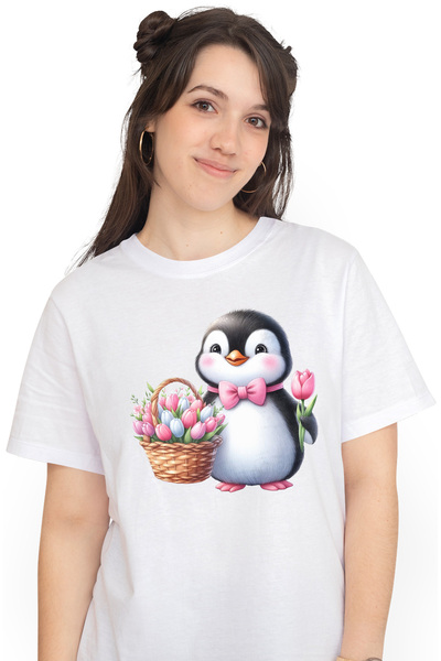 StoryGift Romania Tricou Femei cu un pinguin vesel care tine un cosulet cu lalele, ilustratie, imb WHT_L
