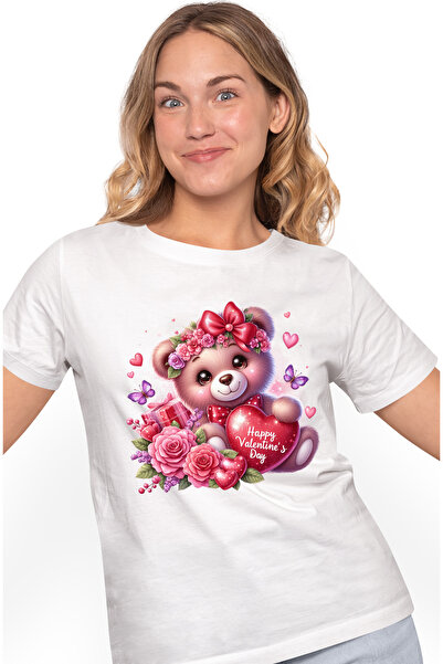 StoryGift Romania Tricou Femei cu un ursulet vesel care tine o inima in brate pe care scrie "Happy WHT_L