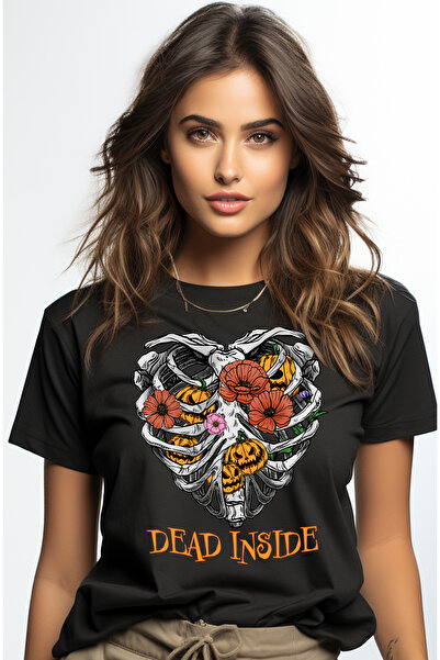 StoryGift Romania Tricou Femei cu o inima de schelet cu mesajul "Dead Inside", mort in interior, f BLK_L