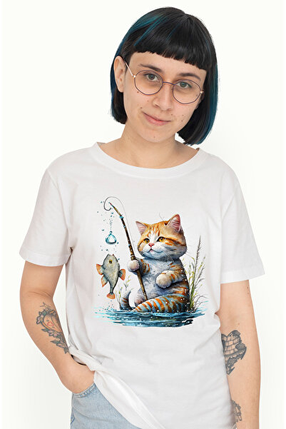 StoryGift Romania Tricou Femei cu o pisicuta care pescuieste, ilustratie, und...