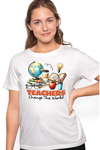 StoryGift Romania Tricou Femei cu mesajul "Teachers change the world", invatatorii schimba lumea, WHT_L