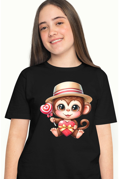 StoryGift Romania Tricou Femei cu o maimutica dragalasa, ilustratie, palarie, tine o cadea si o cu BLK_L