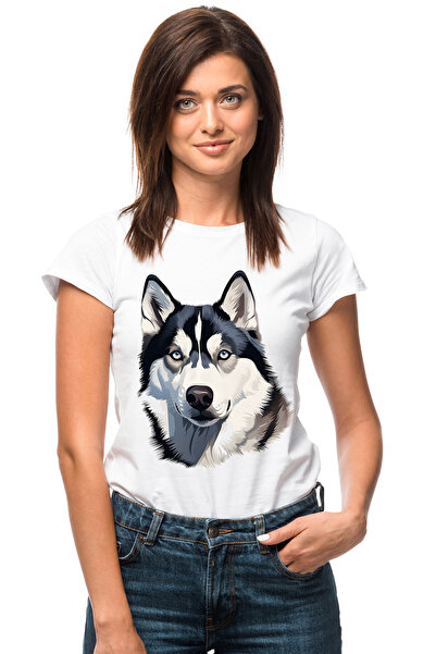 StoryGift Romania Tricou Femei cu un caine Husky, ilustratie, ochi patrunzatori, urechi ciulite, a WHT_S