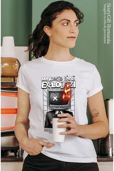 StoryGift Romania Women's T-shirt men's office with TV fire work until you explode with Printed WHT_M