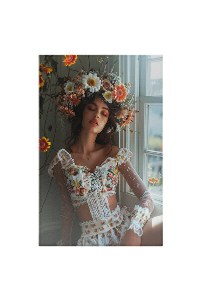 StoryGift Romania Tablou Canvas: Femeie In Compleu Alb Inflorat Cu Coronita De Flori Pe Cap Si Ochii Cu Fard Roz