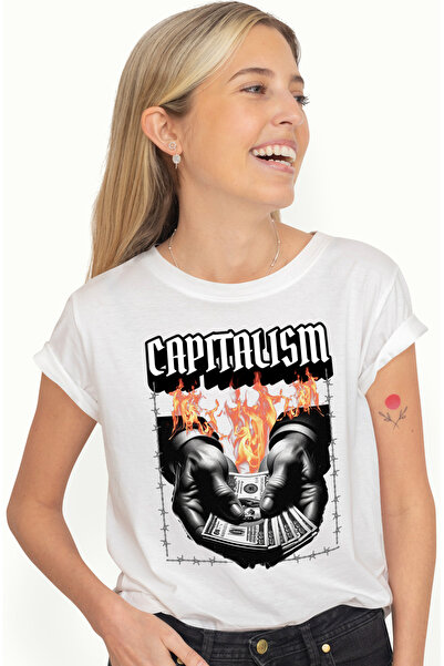 StoryGift Romania Tricou Femei Mana ce tine bacnote in flacari Capitalism cu ...