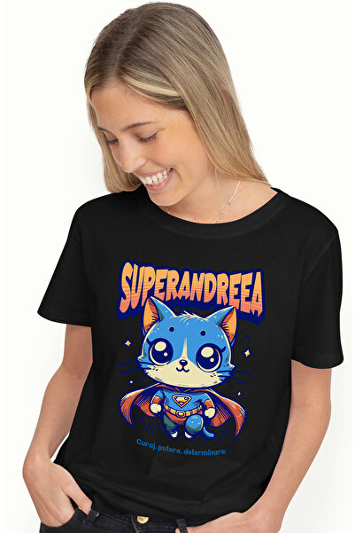 StoryGift Romania Tricou Femei Super Andreea, SuperErou, Pisica Zburand, cu imprimeu pe Fata, 100 BLK_L