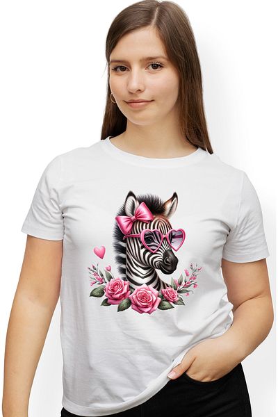 StoryGift Romania Women's T-shirt with a zebra wearing heart-shaped glasses, illustration, WHT_M