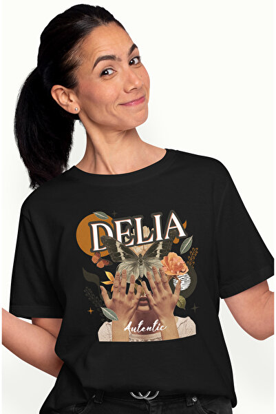 StoryGift Romania Tricou Femei Cu Numele Delia, Colaj Fata, Fluture, Flori, C...