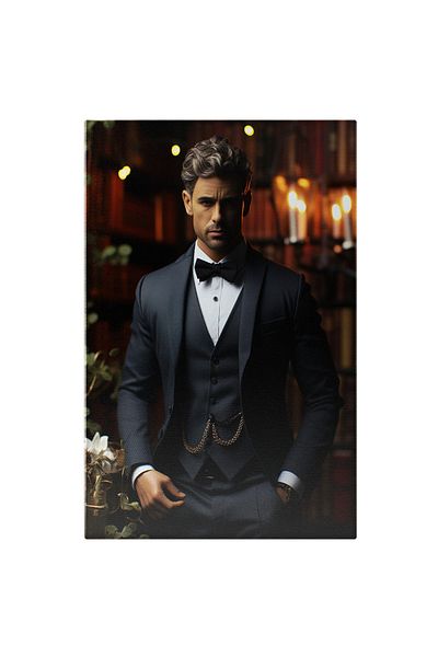 StoryGift Romania Canvas Painting: Portrait of a Man with Brown Hair, Elegantly Dressed in a Black Suit and Bow Tie, Standing Next to a Woman