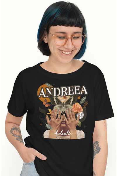 StoryGift Romania Tricou Femei Cu Numele Andreea, Colaj Fata, Fluture, Flori, Cerc, cu imprimeu p BLK_L