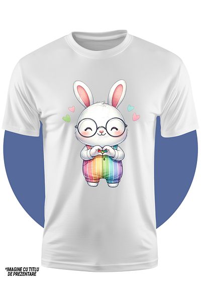 StoryGift Romania Tricou Copii Cu Un Iepuras Alb Cu Ochelari, Ilustratie, Fericit, Vesel, 100% Bumbac, Unis
