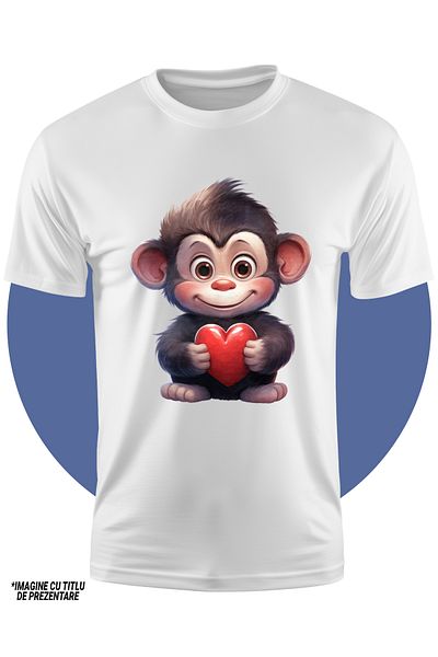 StoryGift Romania Tricou Copii Cu Un Cimpanzeu Micut Care Tine In Brate O Inima, Ilustratie, Apreciere, Recu