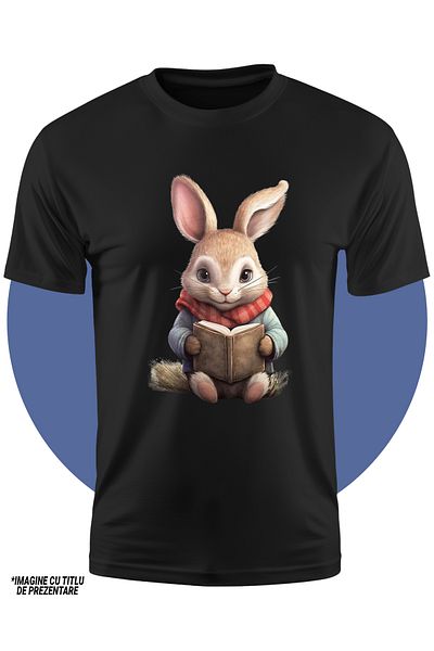 StoryGift Romania Tricou Copii Cu Un Iepuras Care Tine O Carte Deschisa, Ilustratie, Imbracat Gros, Fular, F
