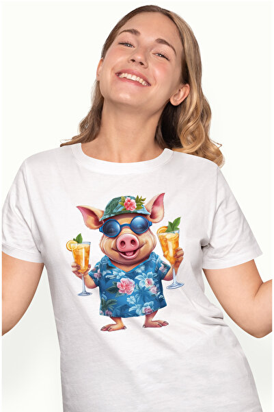 StoryGift Romania Tricou Femei cu un porc in vacanta, ilustratie, loc exotic, tine 2 pahare cu bau WHT_L