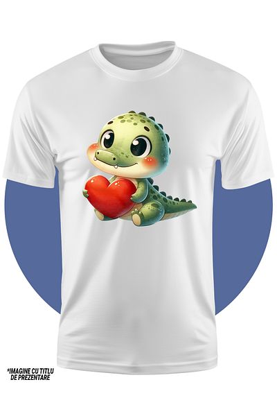 StoryGift Romania Tricou Copii Cu Un Pui De Crocodil Care Tine O Inima, Ilustratie, Grija, Copilarie, Imbujo