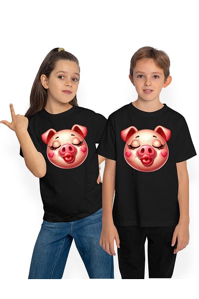 StoryGift Romania Tricou Copii Cu O Purcelusa Fericita Care Da Un Pupic, Ilustratie, Afectiune, Inimioare, V