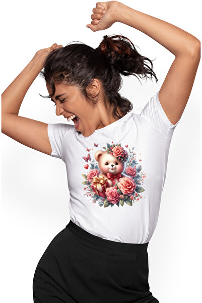 StoryGift Romania Tricou Femei cu un ursulet de plus, ilustratie, trandafiri,...