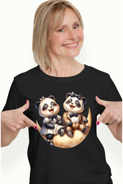 StoryGift Romania Tricou Femei cu 2 ursuleti Panda, ilustratie, pe semiluna, ...