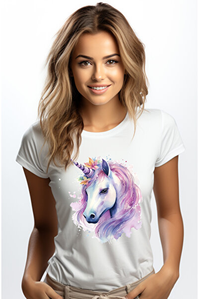 StoryGift Romania Tricou Femei cu un unicorn, ilustratie, floricele, serios, putin trist, coama mo WHT_L