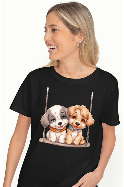 StoryGift Romania Tricou Femei cu 2 catelusi care se dau in leagan, ilustrati...