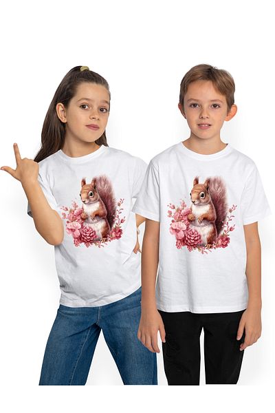 StoryGift Romania Tricou Copii Cu O Veverita, Ilustratie, Floricele, Frunze, Plante, Rozatoare, Bucurie, Bin
