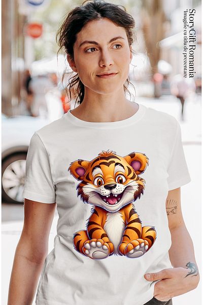 StoryGift Romania Women's T-shirt with a cheerful tiger, illustration, crazy, crazy look, animal, WHT_L