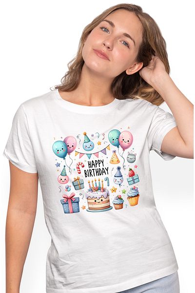 StoryGift Romania Tricou Femei cu un tort si cu multe decoratiuni pentru o petrecere, la multi ani WHT_L