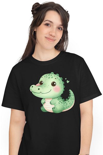 StoryGift Romania Tricou Femei cu un crocodil vesel, ilustratie, bucurie, inimioare, imbujorat cu BLK_M