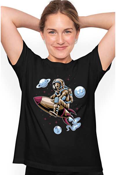 StoryGift Romania Tricou Femei Cu Astronaut, Racheta, Schelet, Planete, Stele, Sci Fi, Multicolor BLK_L