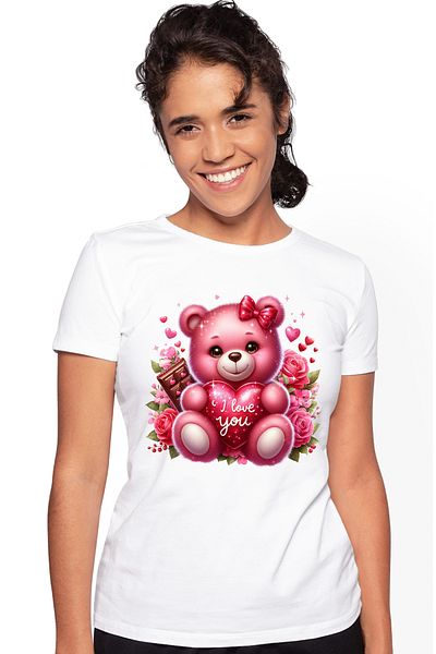 StoryGift Romania Tricou Femei cu un ursulet de plus care tine o inima in brate, mesajul "I love y WHT_M