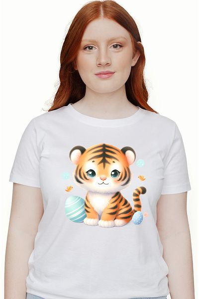 StoryGift Romania Women's T-shirt with a good tiger cub, illustration, painted eggs, birds, animal WHT_L