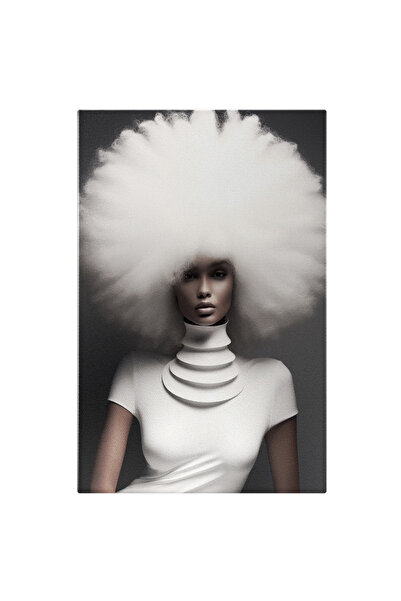 StoryGift Romania Tablou Canvas: Femeie Mulatra Cu Parul Voluminos Alb Si Fundalul Intunecat Gri In Bluza Alba C