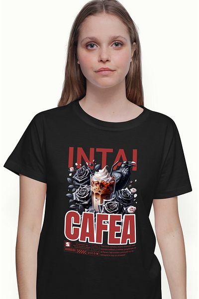StoryGift Romania Tricou Femei Mai Intai Cafea cu Gheata, Trandafiri negrii, cu imprimeu pe Fata, BLK_L