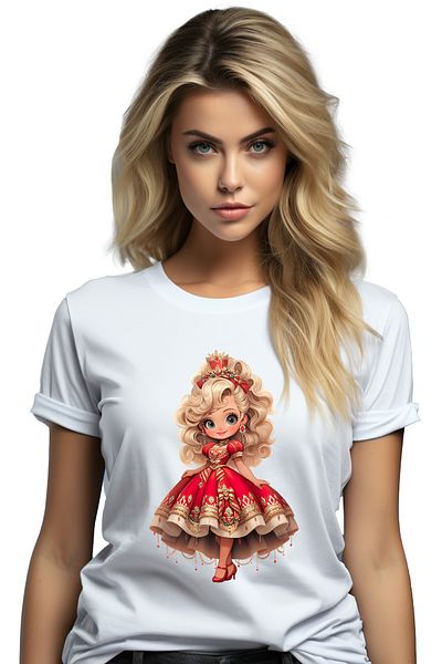 StoryGift Romania Tricou Femei cu o fetita dragalasa, ilustratie, ornamente rosii pe parul blond, WHT_L