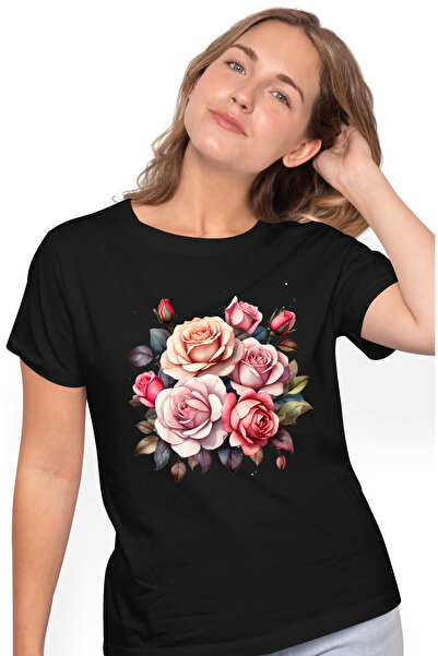 StoryGift Romania Tricou Femei cu multi trandafiri, ilustratie, cadou, pentru iubita, sotie, gradi BLK_L