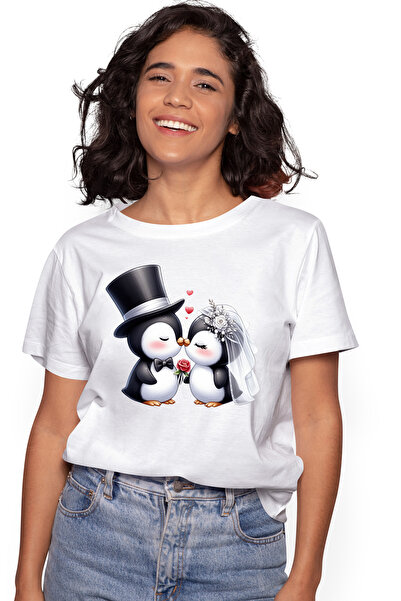 StoryGift Romania Tricou Femei cu 2 pinguini la nunta, ilustratie, sarut, mir...
