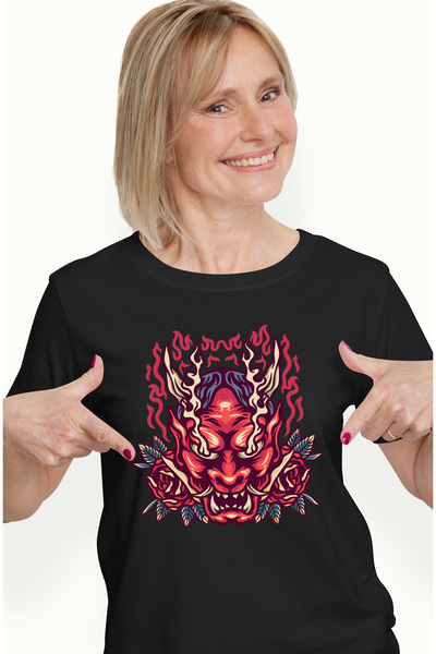 StoryGift Romania Tricou Femei Cu Monstru, Masca Oni, Flacari, Trandafiri, Fr...