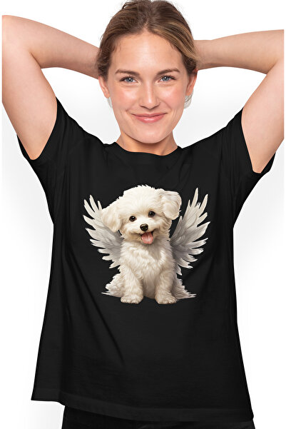 StoryGift Romania Tricou Femei cu un catel alb cu aripi, ilustratie, vesel, b...