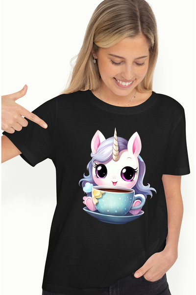 StoryGift Romania Tricou Femei cu un unicorn care sta langa o ceasca, ilustra...