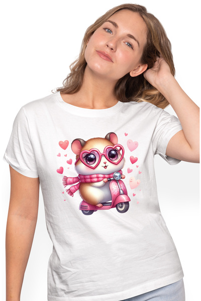 StoryGift Romania Tricou Femei cu un hamster care merge cu scuterul, ilustratie, inimioare, ochela WHT_L
