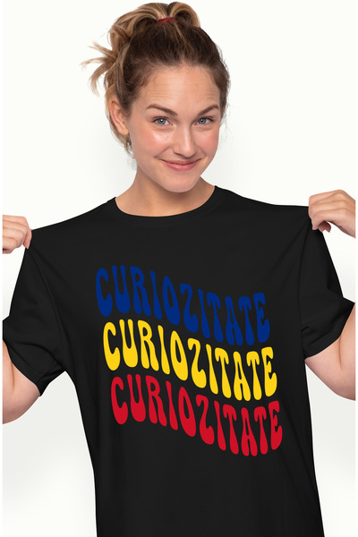 StoryGift Romania Tricou Femei Cuvantul Curiozitate, in Culorile Steagului Ro...