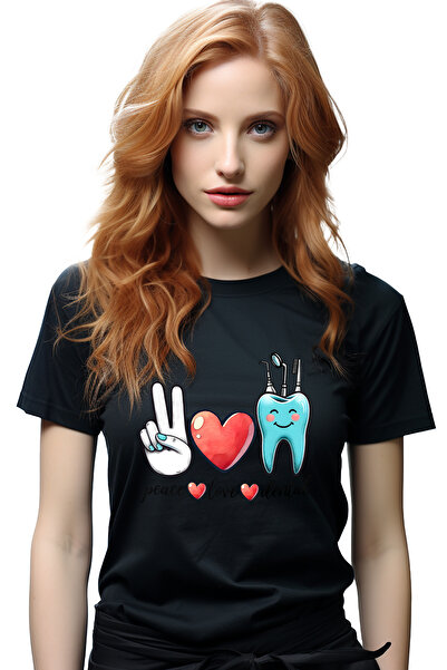 StoryGift Romania Tricou Femei cu mesajul "Peace, love, dental", profesie, il...