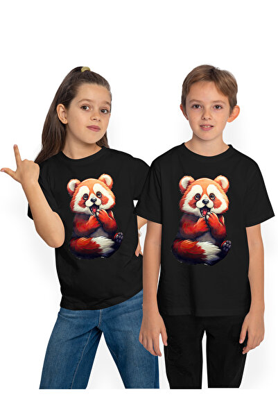 StoryGift Romania Tricou Copii Cu Un Urs Panda Rosu Socat, Ilustratie, A Vazu...