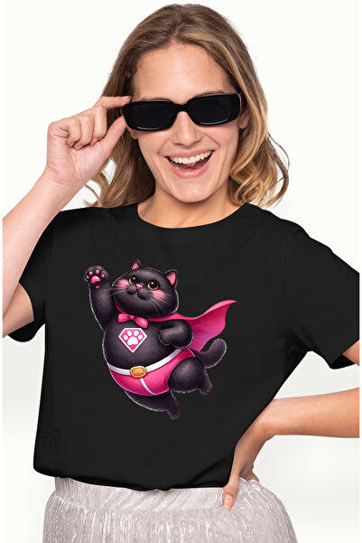 StoryGift Romania Tricou Femei cu o pisica neagra care se crede eroina, ilust...