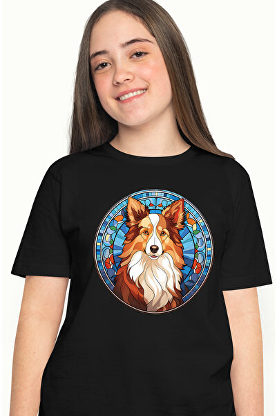 StoryGift Romania Tricou Femei cu un caine jucaus in stil mozaic, ilustratie, abstract, sticla, ce BLK_L