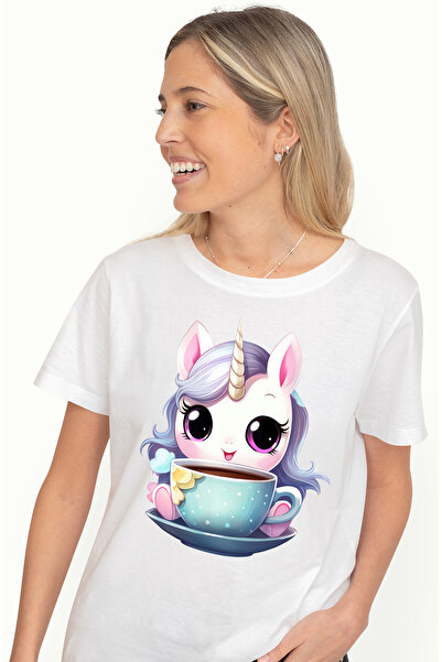StoryGift Romania Tricou Femei cu un unicorn care sta langa o ceasca, ilustra...