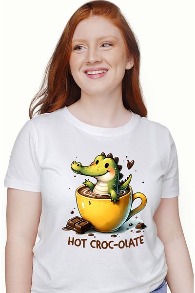 StoryGift Romania Women's T-shirt with a little crocodile bathing in a cup of hot chocolate WHT_L